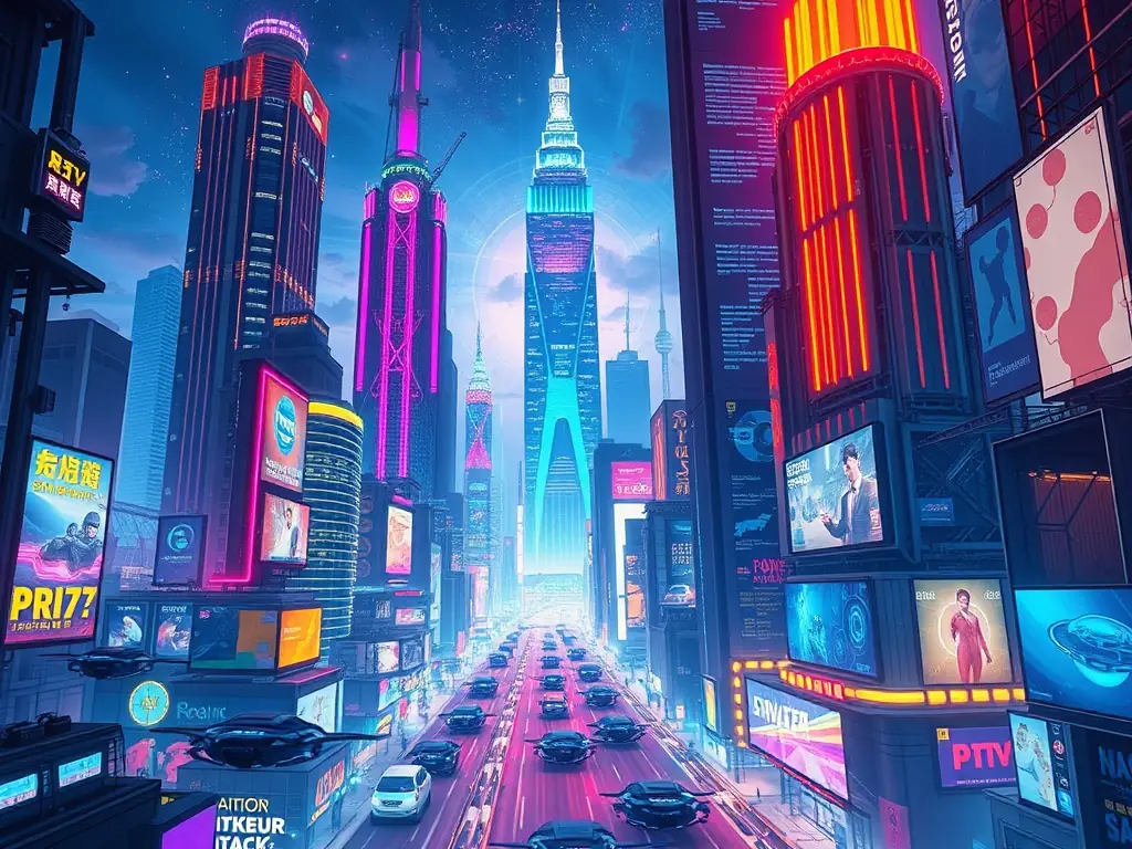 A high-resolution concept art piece depicting the protagonist of BertiUsx standing before a sprawling, futuristic cityscape with towering skyscrapers and flying vehicles, showcasing the game's advanced technology and urban environments.