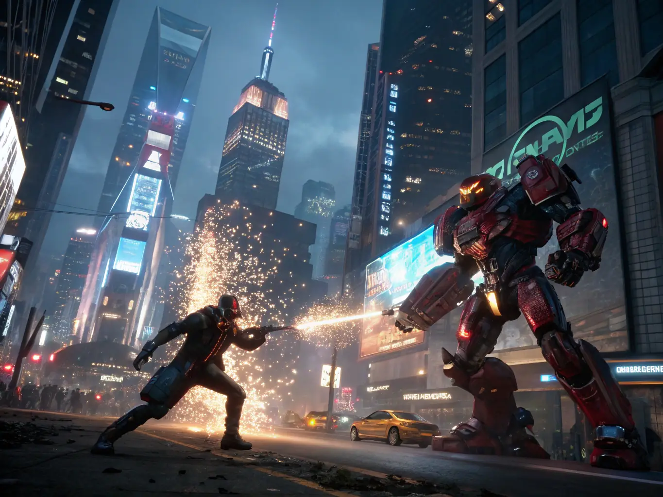 A dynamic in-game screenshot showcasing the combat mechanics of BertiUsx, with the protagonist engaged in a fast-paced battle against robotic enemies in a neon-lit environment, highlighting the game's action-packed gameplay.